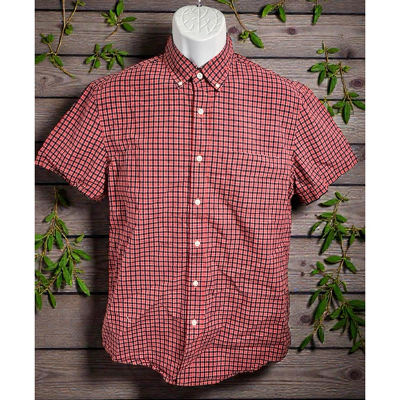 Men's J. Crew Plaid Button Front Shirt Sz M Short Sleeve 100% Cotton Red Blue - Picture 2 of 6